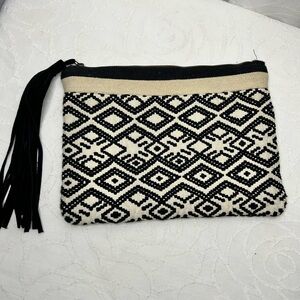 LOFT Black and Cream Patterned Clutch/Cosmetic bag with Leather suede Tassel.